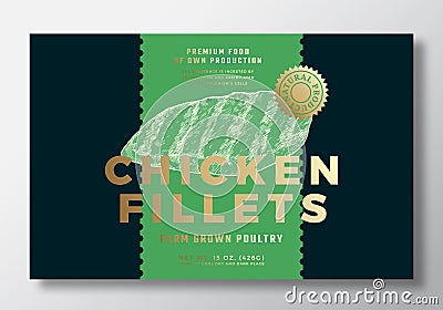 Farm Grown Chicken Fillets Abstract Vector Packaging Label Design Template. Modern Typography Banner, Hand Drawn Poultry Vector Illustration
