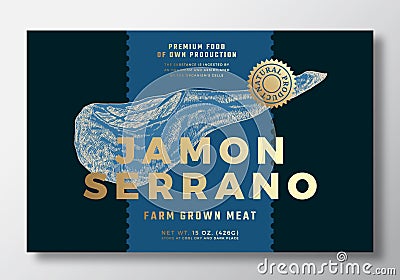 Farm Grown Jamon Abstract Vector Packaging Label Design Template. Modern Typography Banner, Hand Drawn Ham Meat Leg Vector Illustration