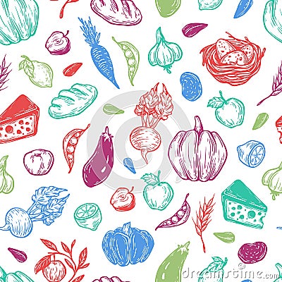 Farm, harvest, vegetables and fruits. Pattern Vector Illustration