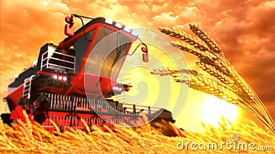 grain harvester on rye field on sundown - fictive design industrial 3D rendering Stock Photo