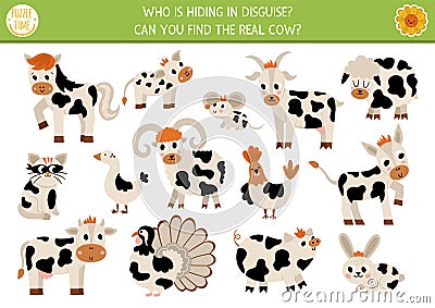 On the farm hide and seek game. Farm matching activity for kids. Rural village seek and find worksheet. Simple printable game with Vector Illustration