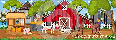 Farm horizontal landscape scene with farm animals Vector Illustration