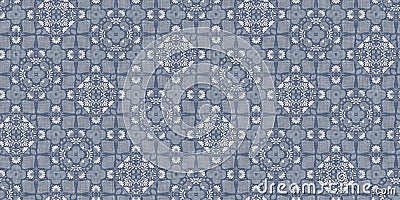 Farm house blue damask seamless border. Tonal french intricate cottage style trim. Simple rustic fabric textile for Stock Photo