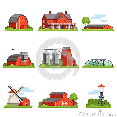 Farm house and constructions set, agriculture industry and countryside buildings vector Illustrations Vector Illustration