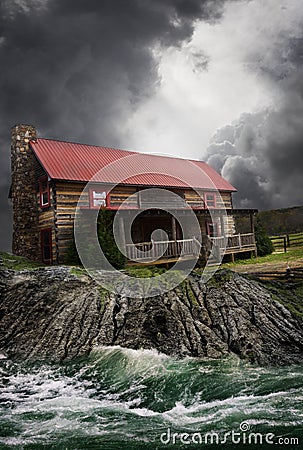 Farm house by flooding river Stock Photo