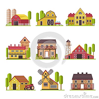 Farm house with grain and fodder barn or cattle corral vector cartoon flat icons set Vector Illustration