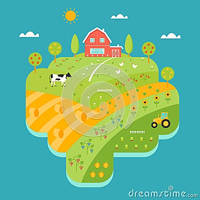 Farm House, Hills and Fields Illustrated Map. Agriculture Concept Vector Illustration