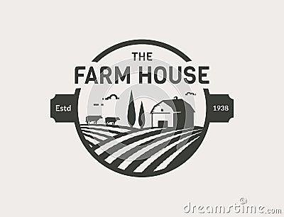 Farm House vector logo with barn, cows and fields Vector Illustration