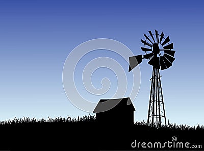 Farm house and windmill silhouette Vector Illustration