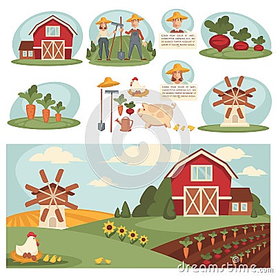 Farm household or farmer agriculture and cattle farming vector flat design Vector Illustration