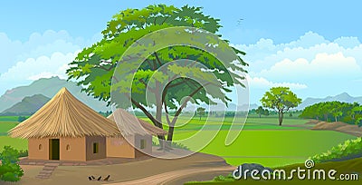 Farm huts in the middle of the meadows Vector Illustration