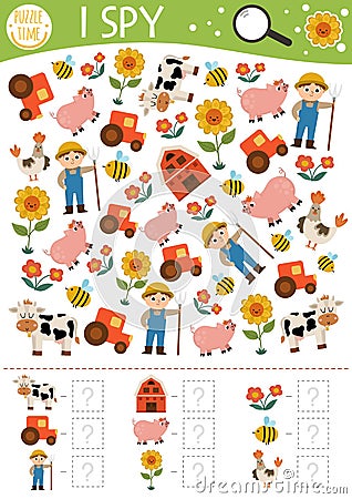 On the farm I spy game for kids. Searching and counting activity with farmer, tractor, barn, cow. Rural village printable Vector Illustration