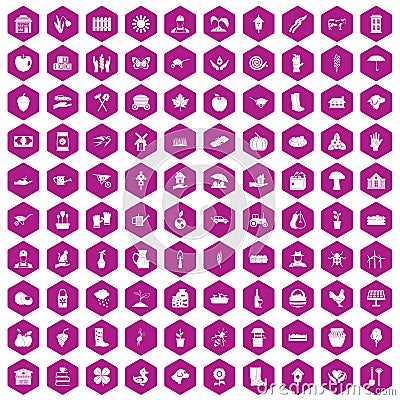 100 farm icons hexagon violet Vector Illustration