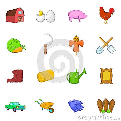 Farm icons set, cartoon style Vector Illustration