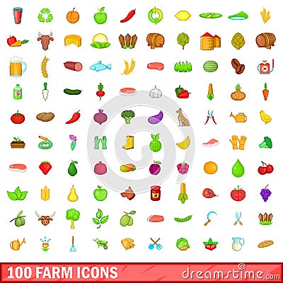 100 farm icons set, cartoon style Vector Illustration