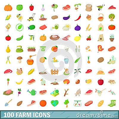 100 farm icons set, cartoon style Vector Illustration