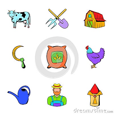 Farm icons set, cartoon style Vector Illustration