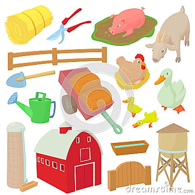 Farm icons set, cartoon style Vector Illustration