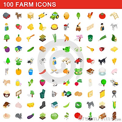 100 farm icons set, isometric 3d style Vector Illustration