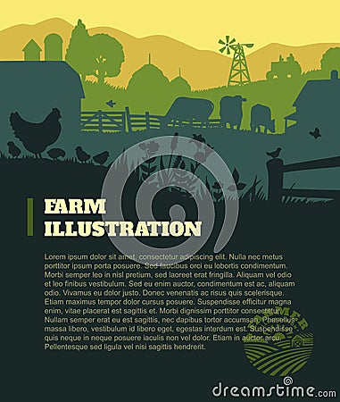 Farm illustration background, colored silhouettes elements, flat Vector Illustration