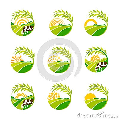 Farm isolated green logo collection. Rural landscape logos set. Environmental signs. Set of vector design emblem Vector Illustration