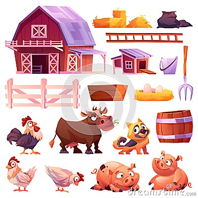 Farm isolated icons set. Farmyard, animals, barn Vector Illustration