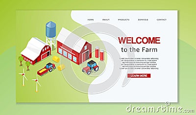 Farm isometric with rural buildings agricultural machinery, wind mills and silos vector illustration. Farming webpage Vector Illustration