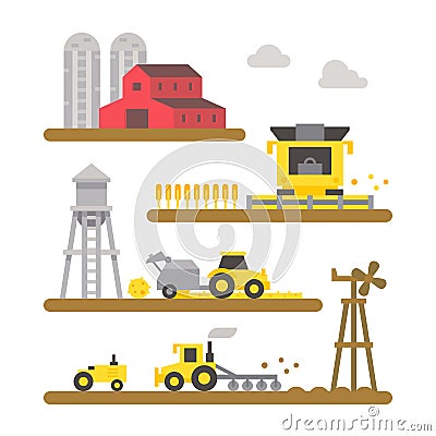 Farm land machineries flat design Vector Illustration
