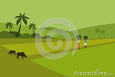 Illustration of landscape of Indian rural paddy fields Stock Photo