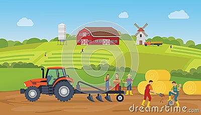 Farm land scenery landscape with farmer and farming village with modern flat style Vector Illustration