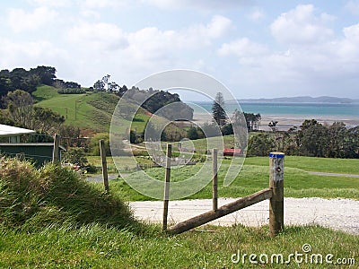 Farm land with sea background Stock Photo