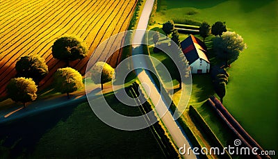 Farm landscape agricultural fields beautiful country. AI generated Stock Photo