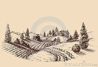 Farm landscape etch Vector Illustration