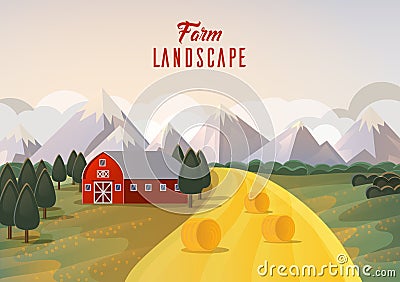 Farm landscape panorama with hay wheat field and mountain Vector Illustration