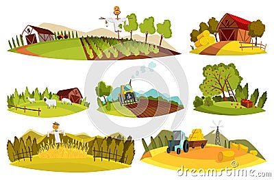 Farm landscape set. Collection agriculture field, rural nature scene. Ruralfield panorama with sheds, barns and tractors Vector Illustration