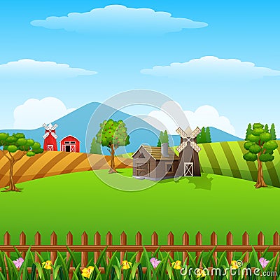 Farm landscape with shed and brown windmill on daylight Vector Illustration