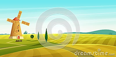 Farm landscape, windmill on field, Rural countryside. Cartoon modern style vector illustration Vector Illustration