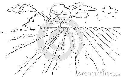 Farm lavender field landscape graphic drawing hand drawn print background summer Italy France Stock Photo