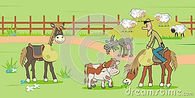 Farm life, cowboy riding, calf, goat and sheep. Vector Illustration