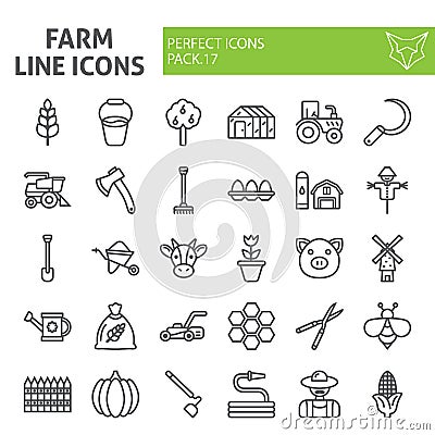 Farm line icon set, agriculture symbols collection, vector sketches, logo illustrations, gardening signs linear Vector Illustration