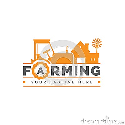 Farm logo, badge, label with tractor, house and water tower over raising sun background, vector illustration. Vector Illustration