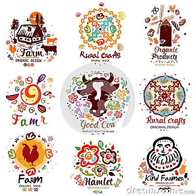 Farm logo. Hand lettering ink. Peasants farming and craft signs, symbols. Vector Illustration