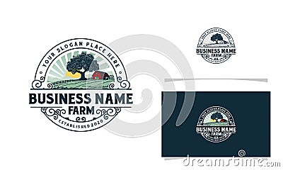 Farm logo with mountain sun rise and tree illustration Vector Illustration