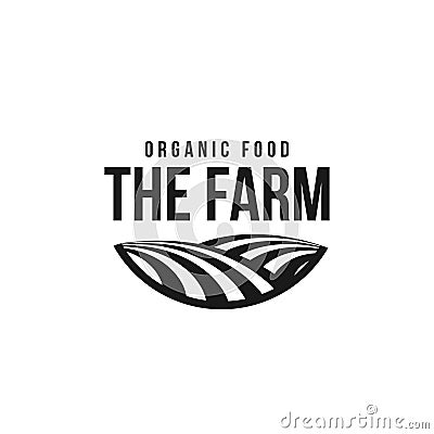 The farm logo template. Meadow silhouette, land symbol with horizon in perspective. Farm food badge Vector Illustration