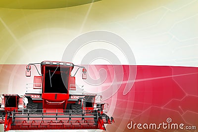 Farm machinery modernisation concept, red modern grain combine harvesters on Poland flag - digital industrial 3D illustration Cartoon Illustration