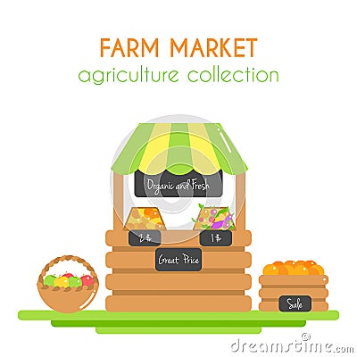 Farm market illustration. Vector stall with fruits and veggies. Farm fresh vegetables. Vegan store. Flat argiculture Vector Illustration