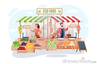 Farm market vector illustration, cartoon flat happy man woman seller characters working, farmer people selling organic Vector Illustration