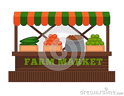 Farm market fruit or vegetable vendor booth stall vector flat design isolated icon Vector Illustration