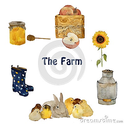 Farm objects and animals: gray fluffy hare rabbit, small yellow chick, nest with eggs, gumboots and sunflower isolated Cartoon Illustration