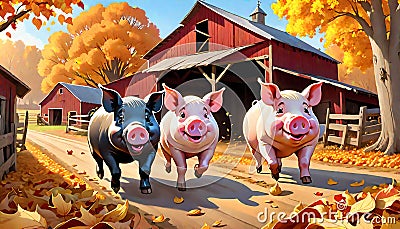 Farm pig barn loose pigs running Cartoon Illustration